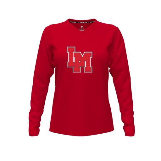 [CUS-DFW-TEES-CMF-VNK-LSL-RED-FYXS-LOGO1] Decker Comfort T-Shirt (Female Youth XS, Red, V Neck, Logo 1, Long Sleeve)